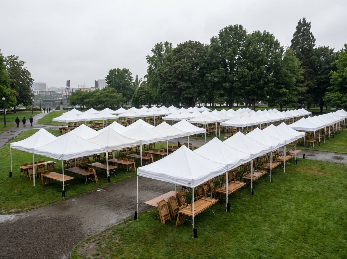 Empty tents set up for an outdoor market event in a Portland park.