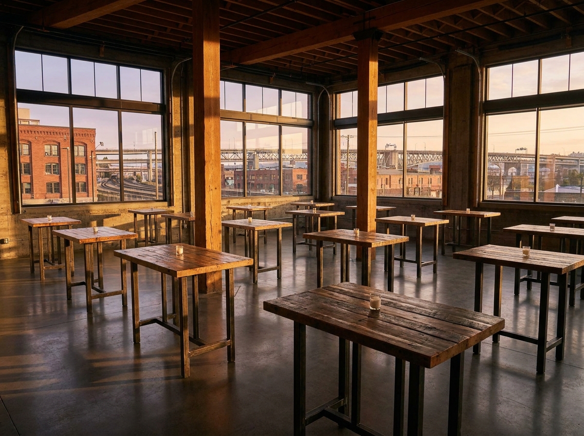 Tables set for a business networking event inside a modern Portland brewery.
