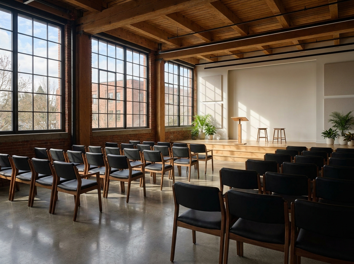 An empty stage and seating area prepared for a professional speaker event in Portland.
