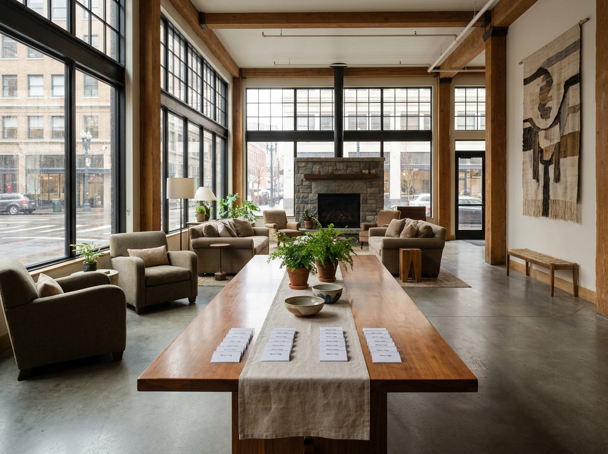 A check-in area ready for guests at a Portland business event.