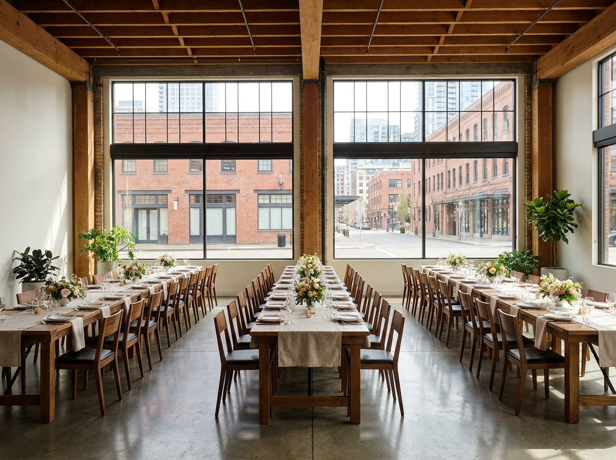 An empty restaurant dining room set up for a corporate networking dinner in Portland.