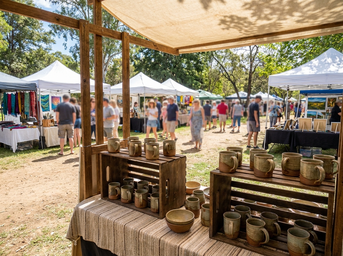 A pottery stall with finished ceramics at a local art fair.