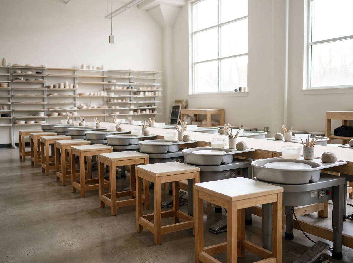 A row of empty pottery wheels and stools prepared for a ceramics class.