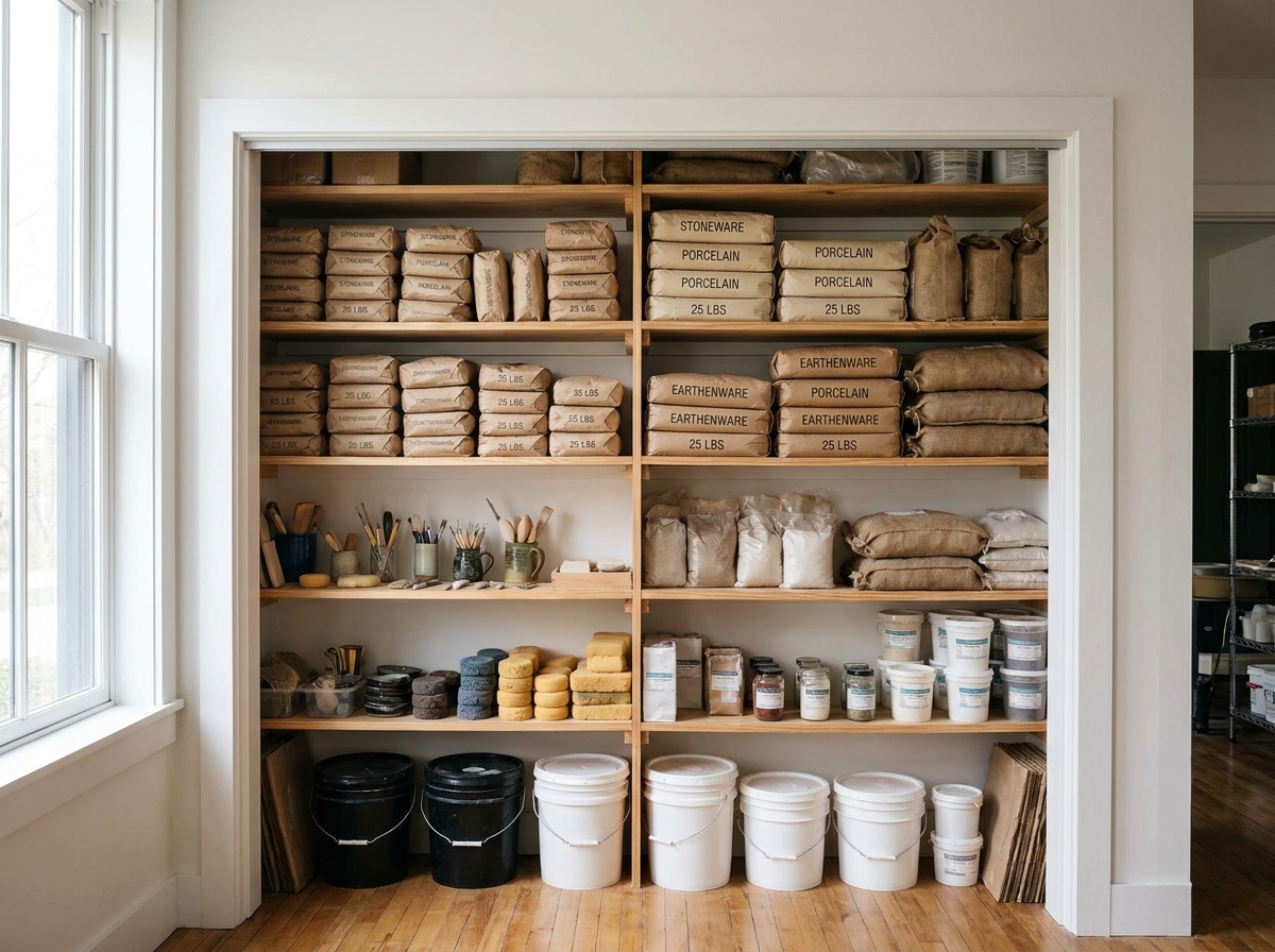 Bags of clay stacked on a shelf in a pottery studio.