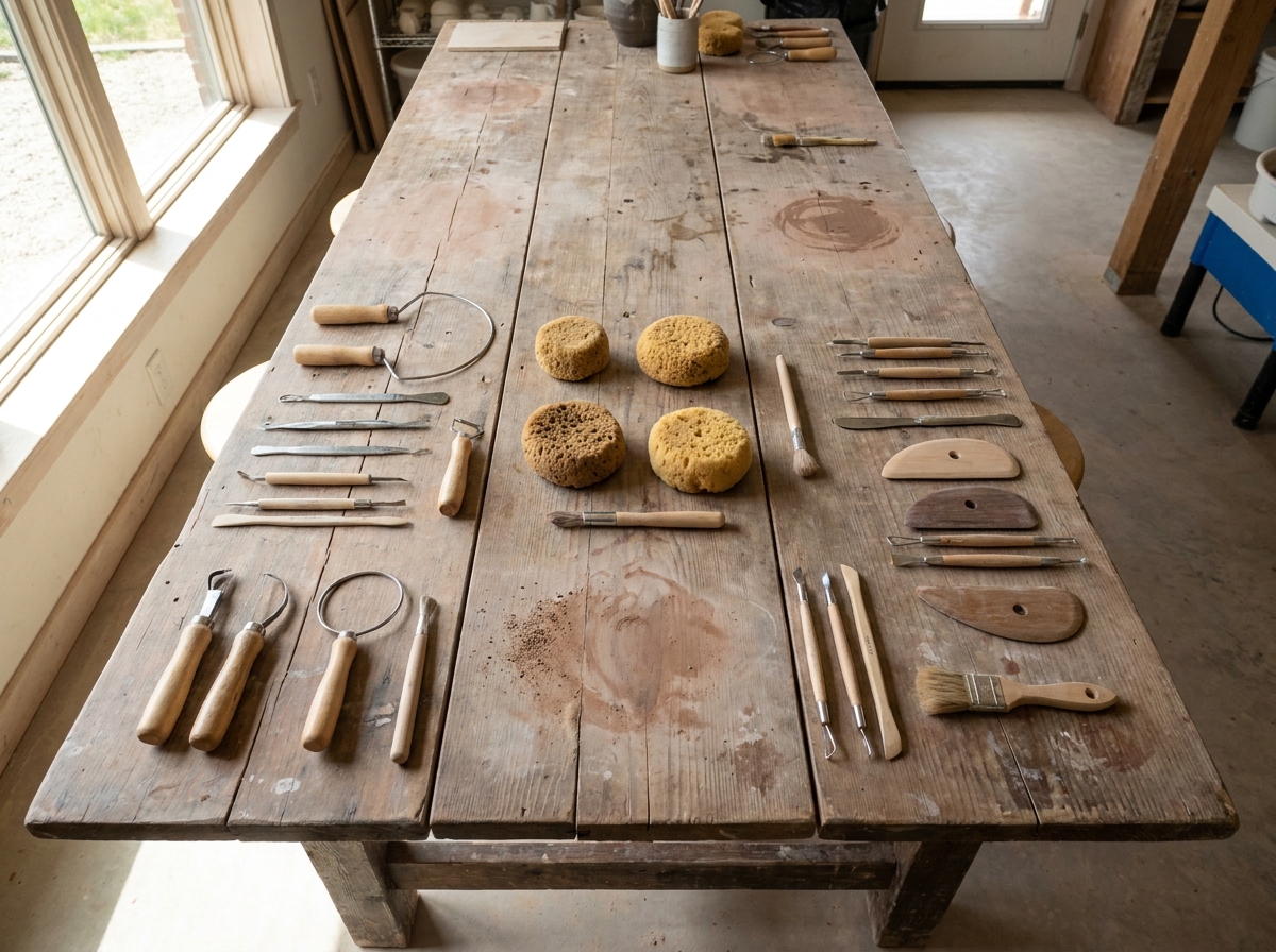A collection of pottery tools arranged neatly on a wooden table.