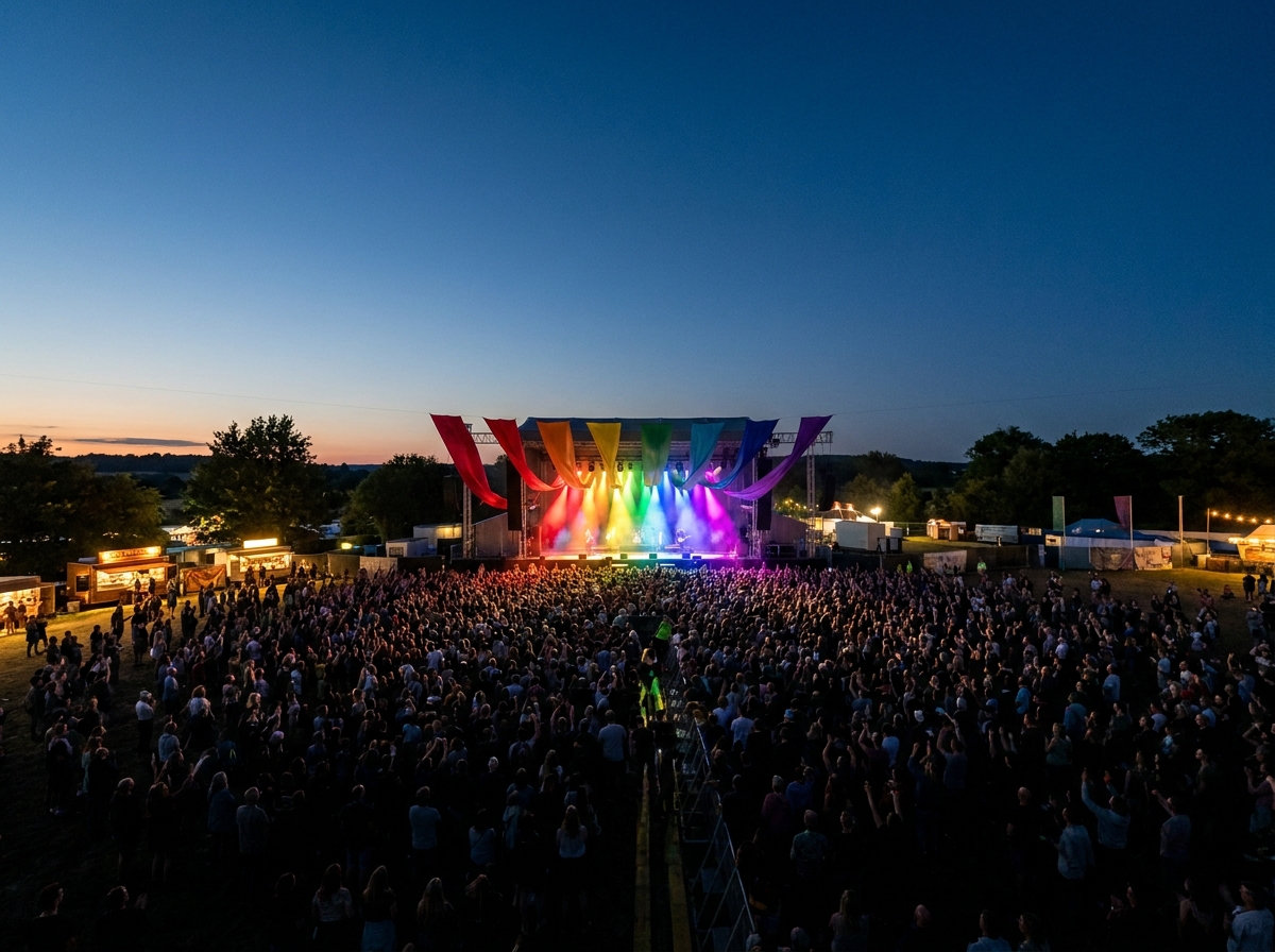 A large crowd gathered at an outdoor LGBTQ+ festival stage at dusk.