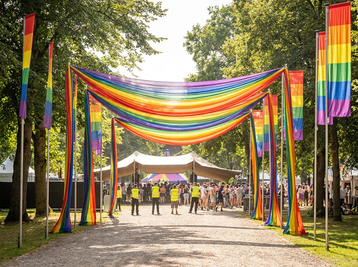 The welcoming entrance to a large Pride festival in a park.