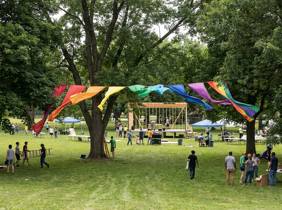 A park being prepared for an upcoming Pride festival, with colorful decorations and a stage.