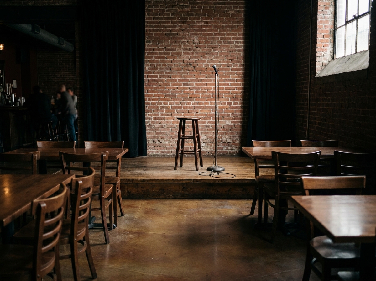 A stool and microphone on stage, set up for a stand-up comedy night.
