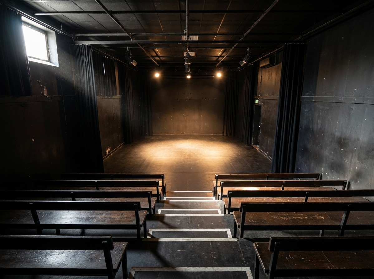 Seating in a small Providence theater set up for a comedy event.
