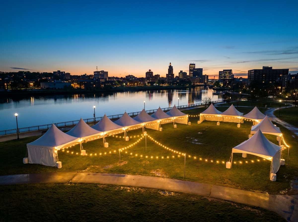 An empty riverfront park in Providence set up for a festival at dusk.