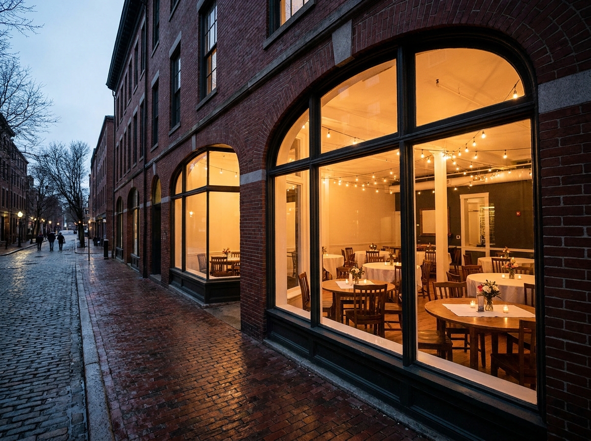Interior of a cozy Providence cafe prepared for a ticketed event.