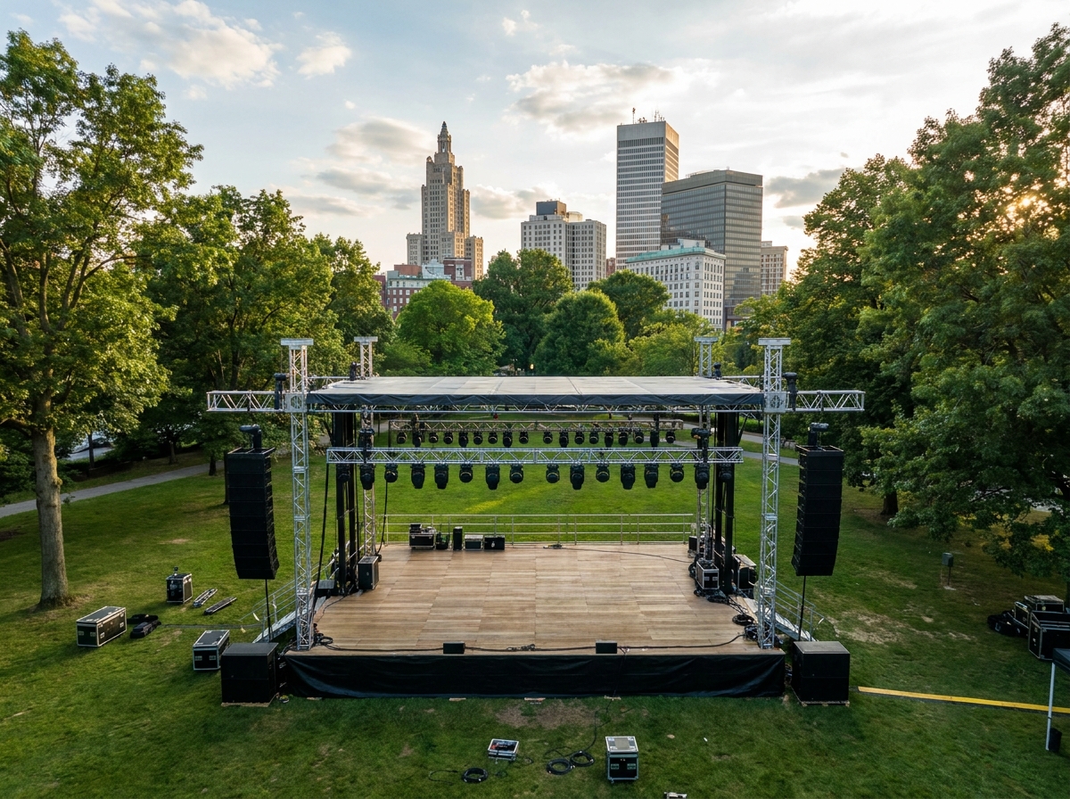 An outdoor stage in a Providence park prepared for a concert.