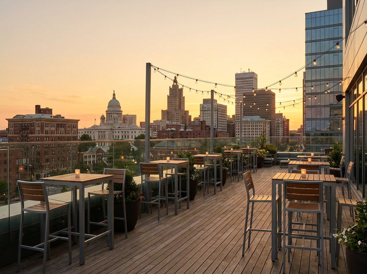 A rooftop venue prepared for a business networking event in Providence.