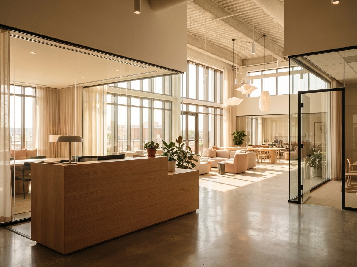 The registration area for a business event in a modern Providence venue.