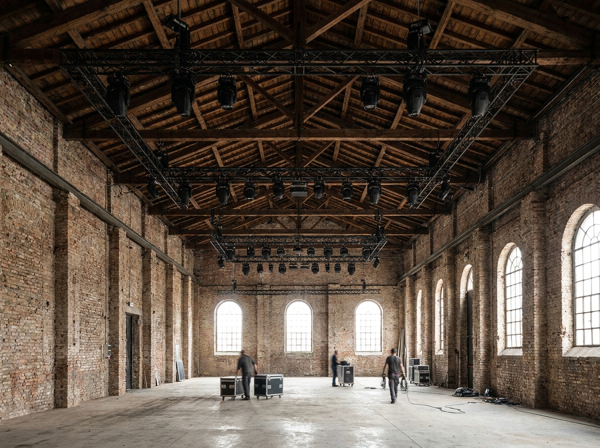 An industrial warehouse venue prepared for a psychedelic event.