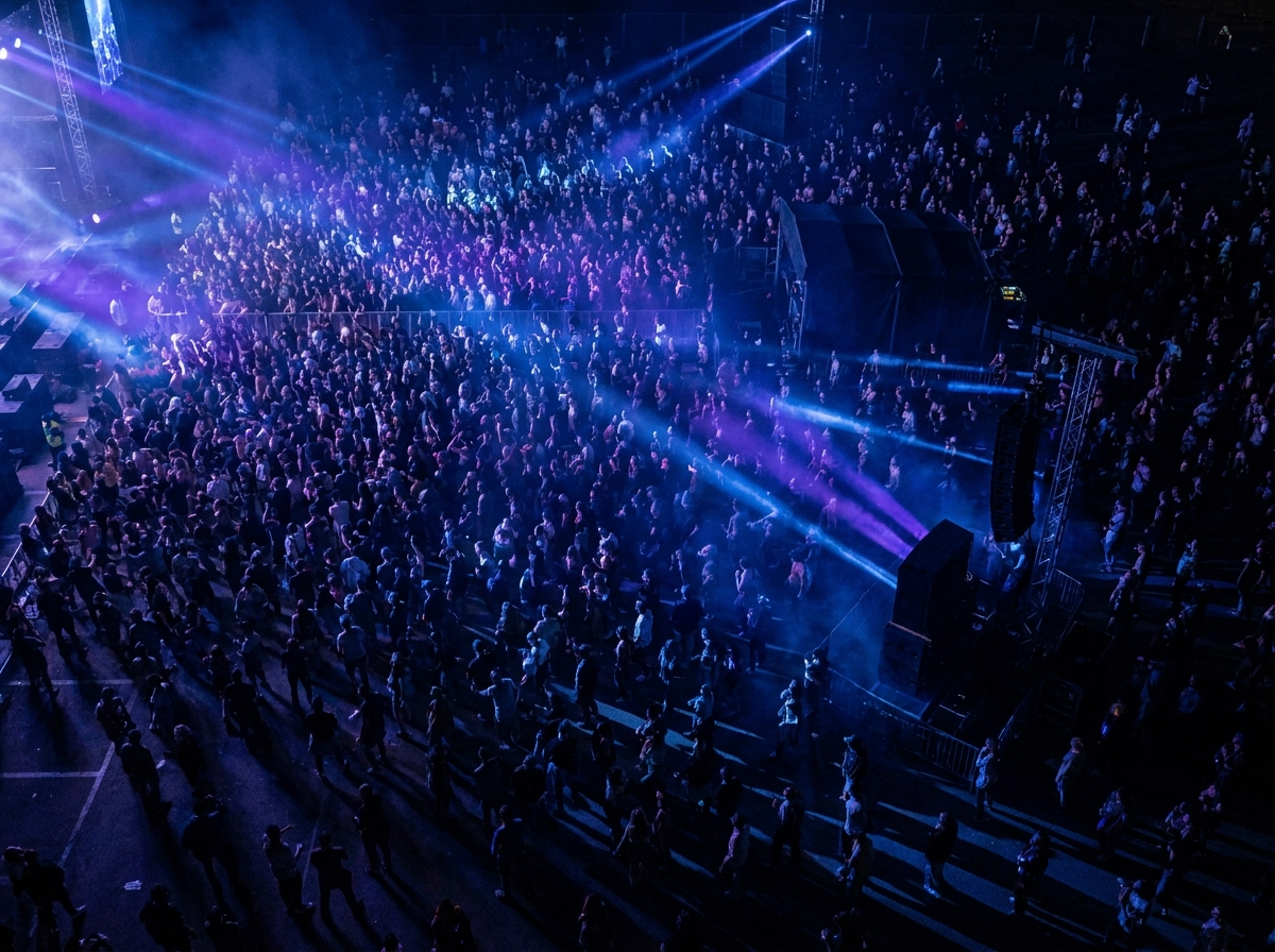 A crowd on the dance floor at a psychedelic music event.