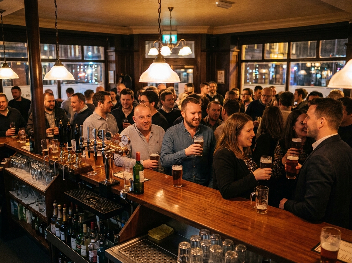 A busy, friendly pub filled with people enjoying a bar crawl.