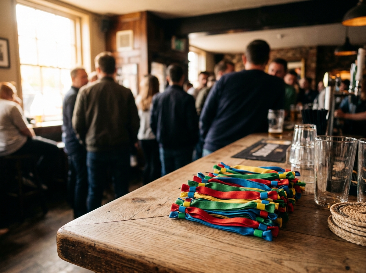 A stack of colorful wristbands for a pub crawl event.