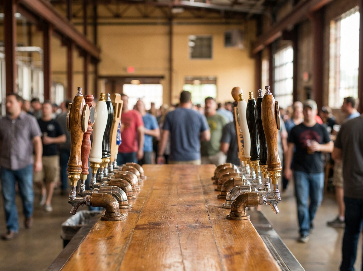 A row of craft beer taps at a pub, a common stop on a bar crawl.