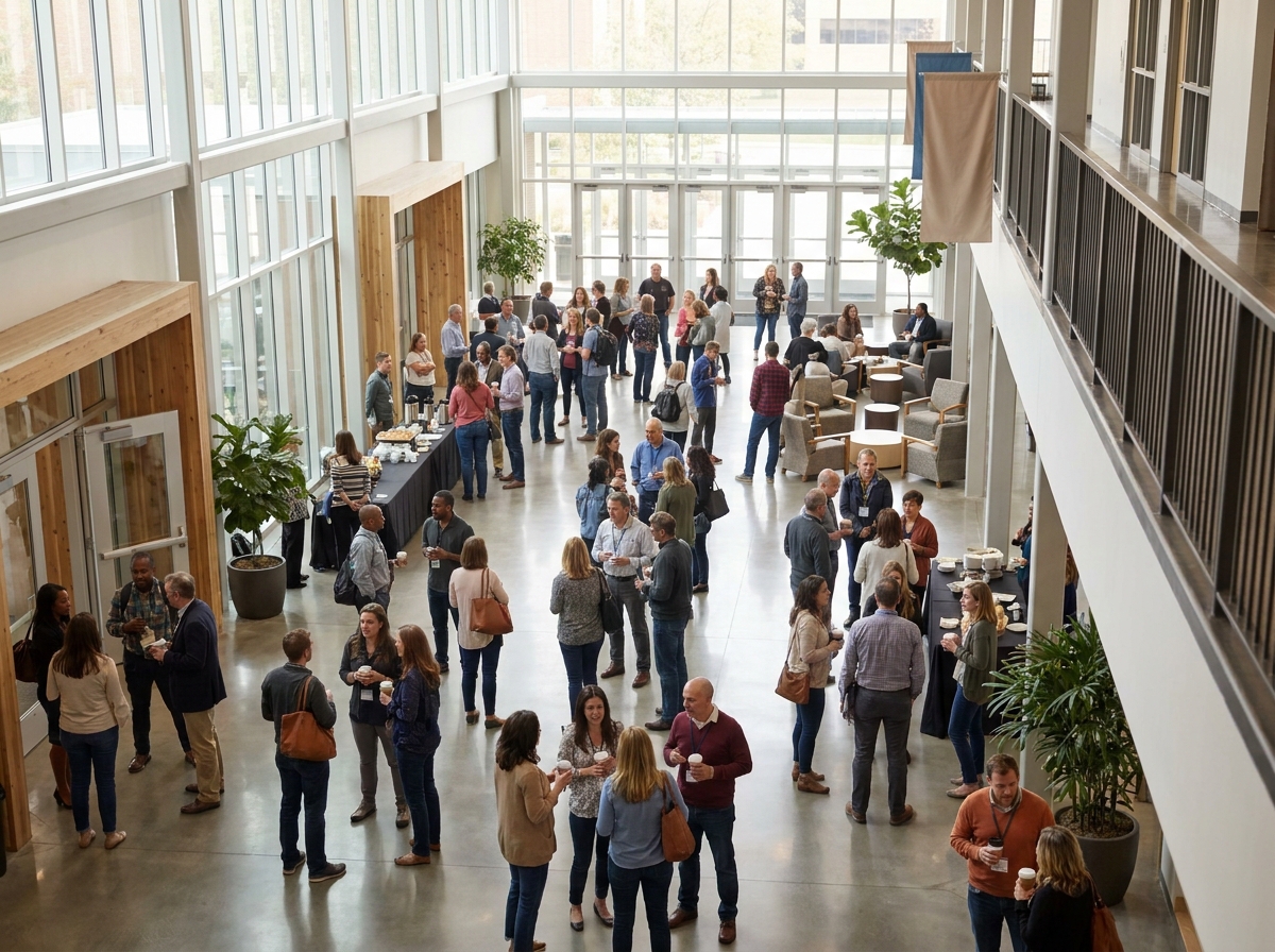 Attendees gathering in a school lobby for a community speaker event.
