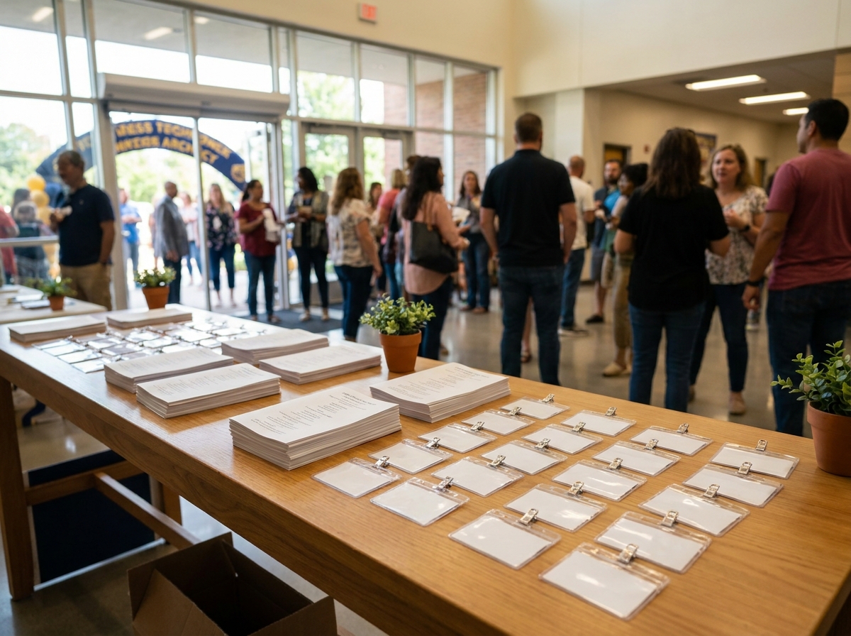 A registration desk prepared for a school's public speaker event.
