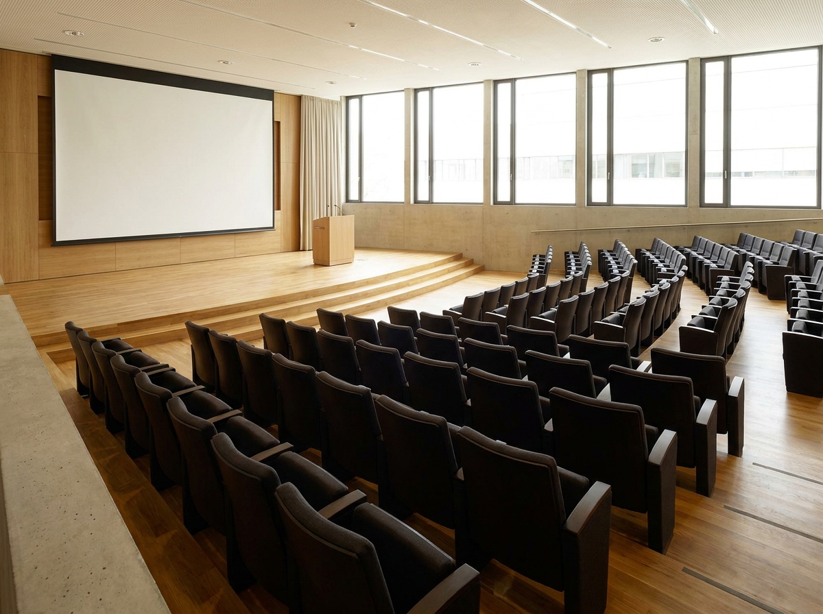 An empty room with organized seating for a public speaker event.