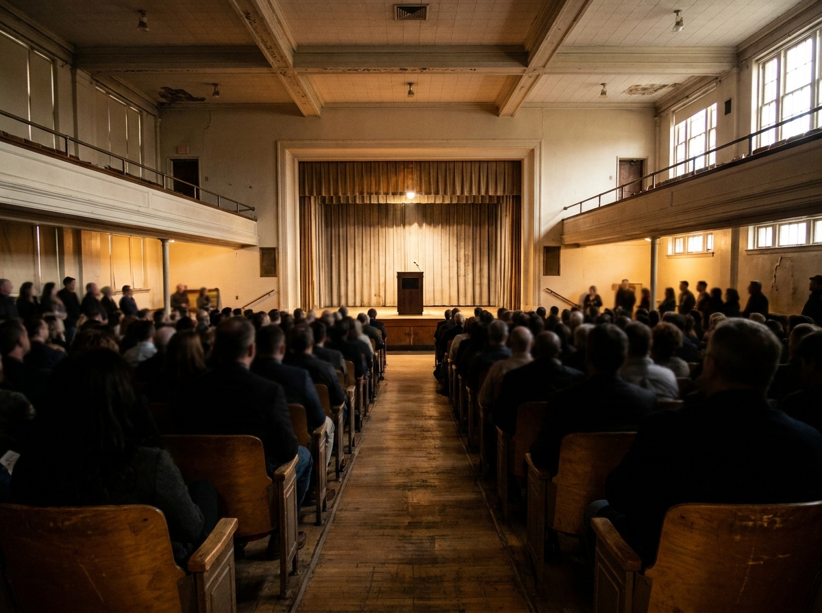 Audience view of a stage set for a public speaker at a school.