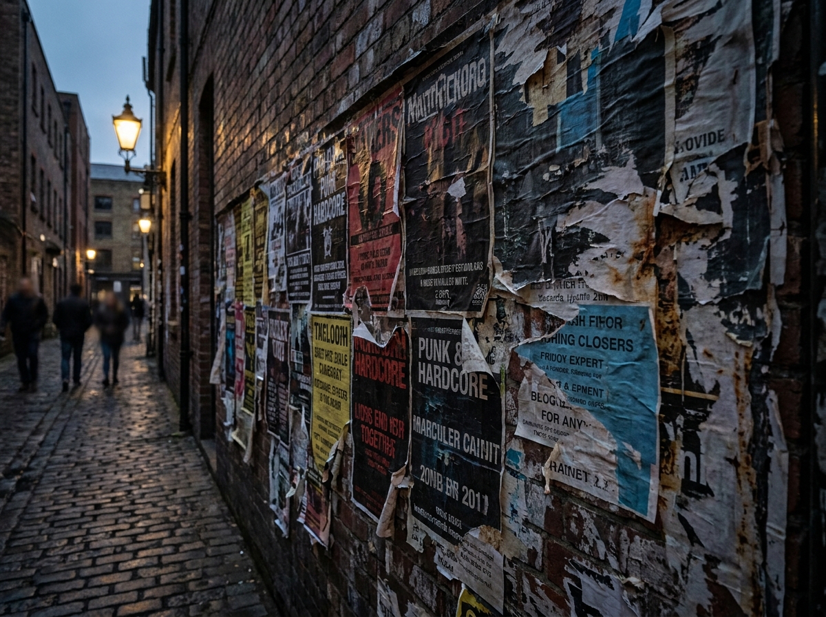A wall covered in old flyers for punk and hardcore shows.