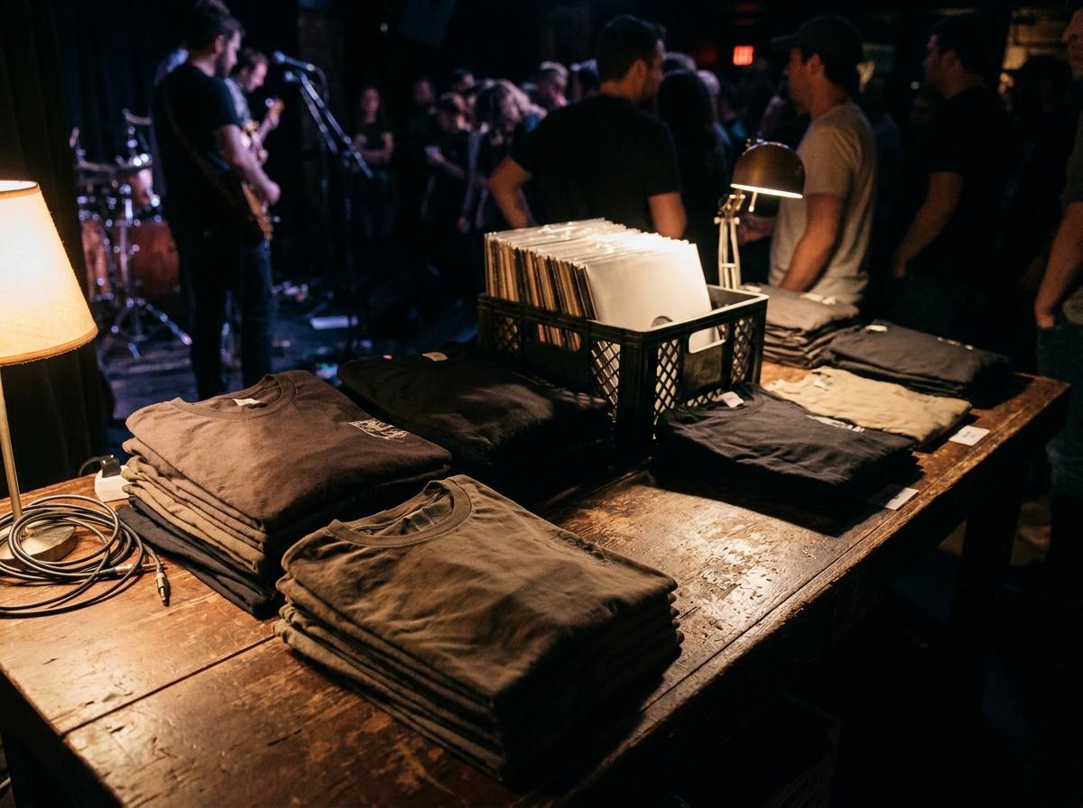 A band's merchandise table with t-shirts and records at a punk event.