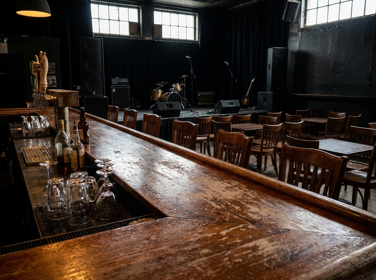 An empty music venue bar before the doors open for a hardcore show.