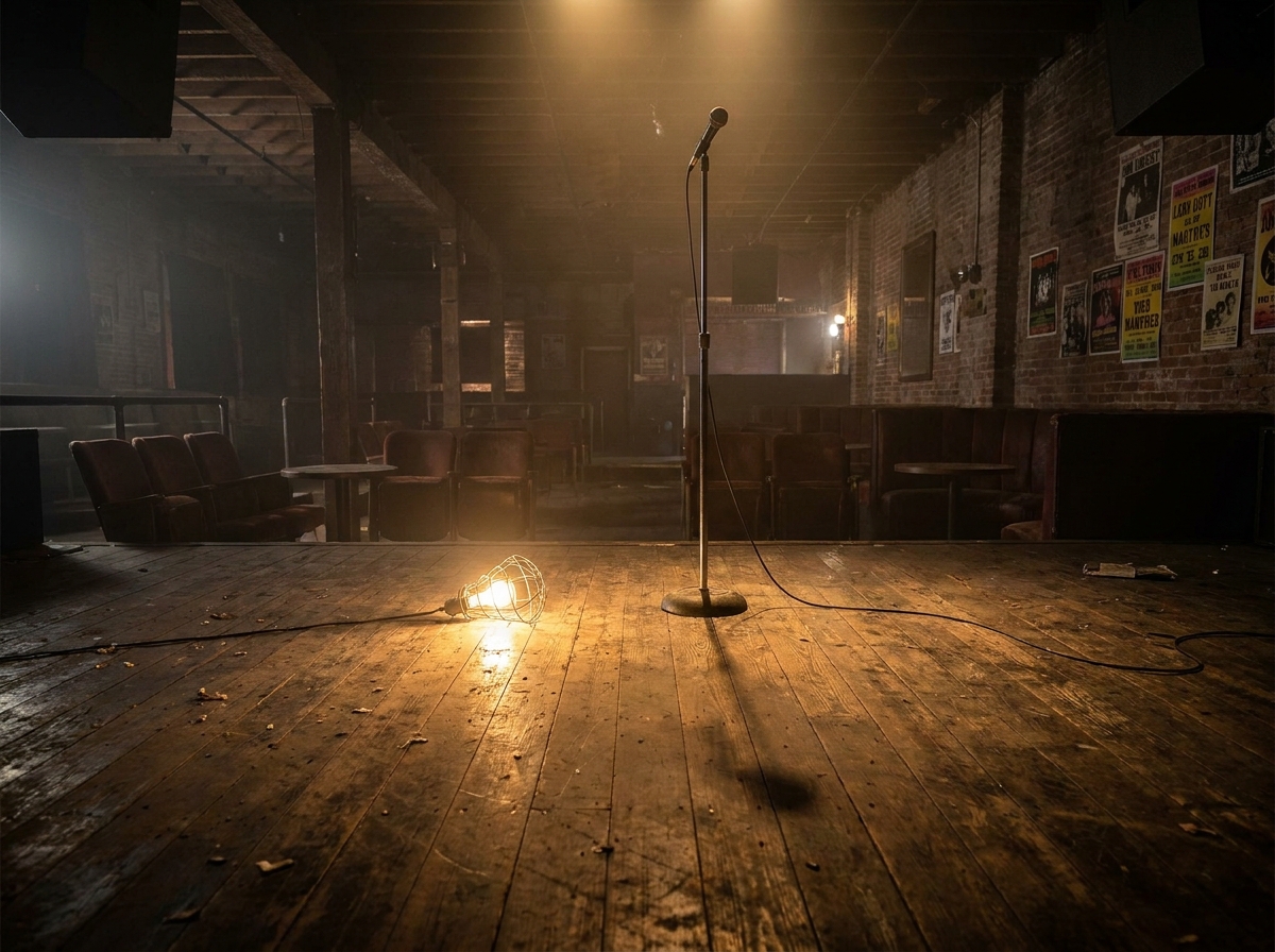 An empty stage in a small music club after a punk/hardcore event has finished.