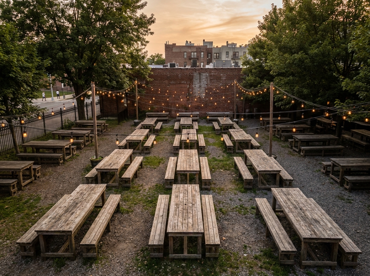 An outdoor beer garden venue in Astoria, Queens, set for an event.