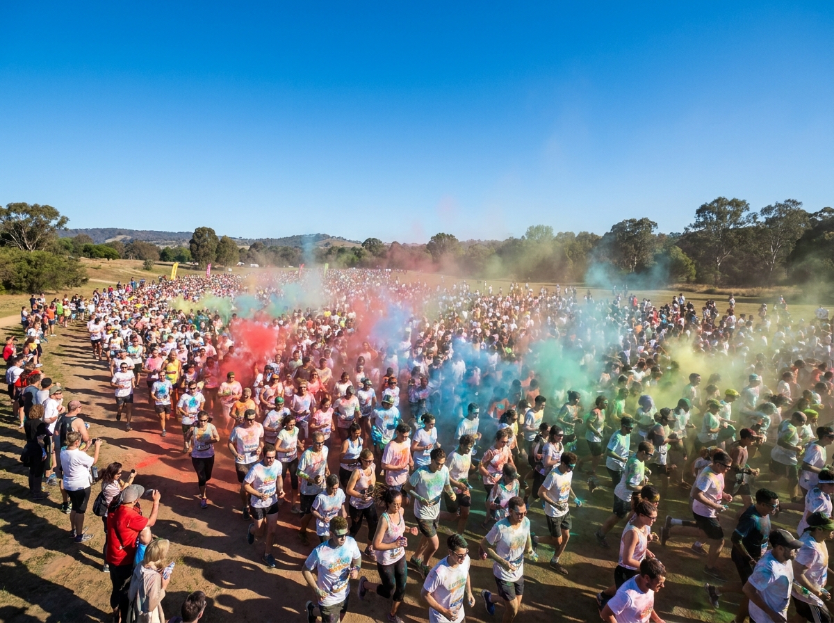 A large, energetic crowd of participants in a color fun run.