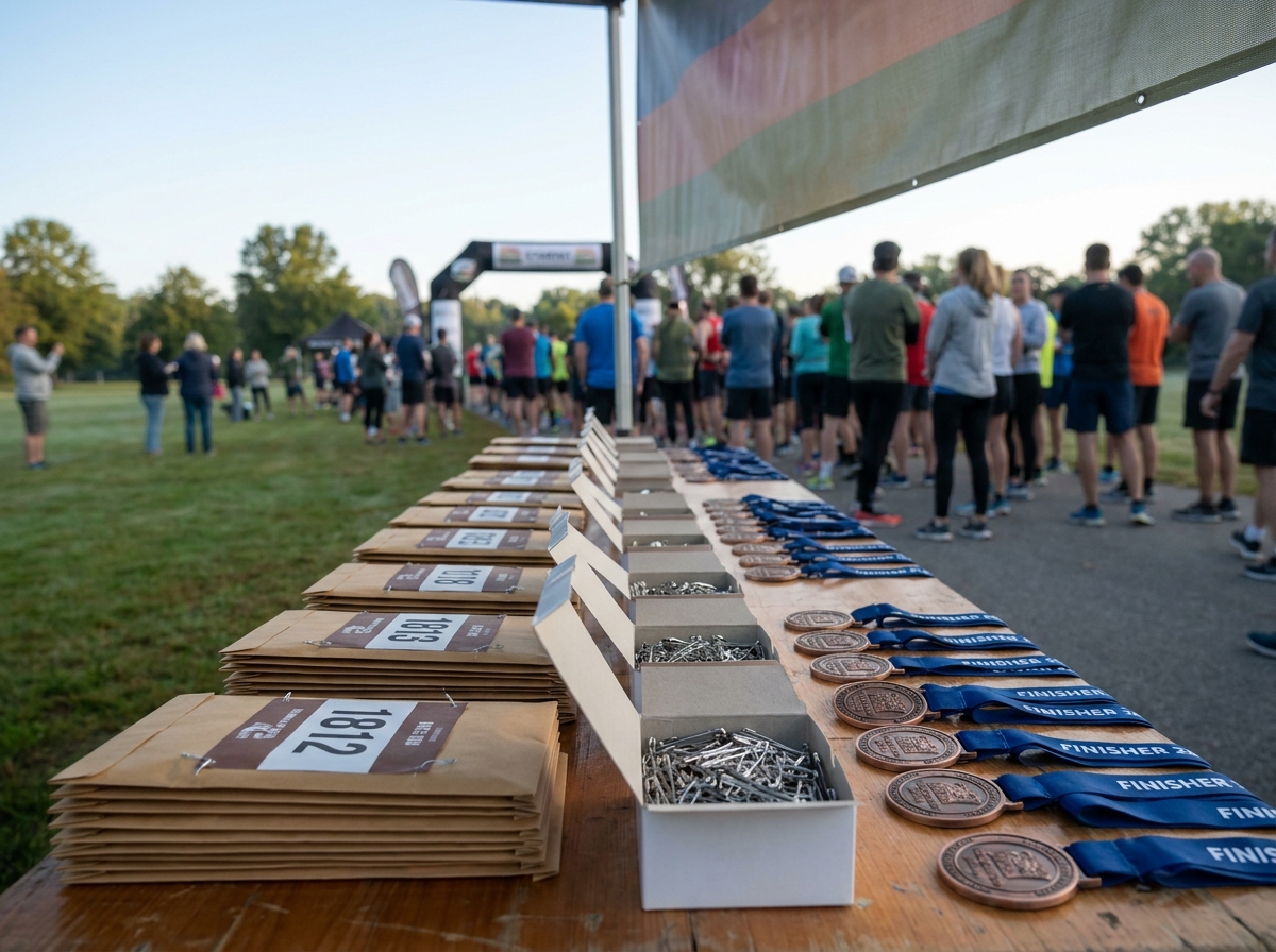 Race bibs and finisher medals organized on a table for a fun run.