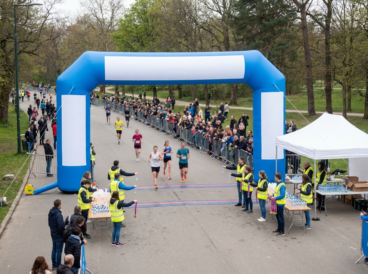 The finish line of a race with runners crossing under an arch.