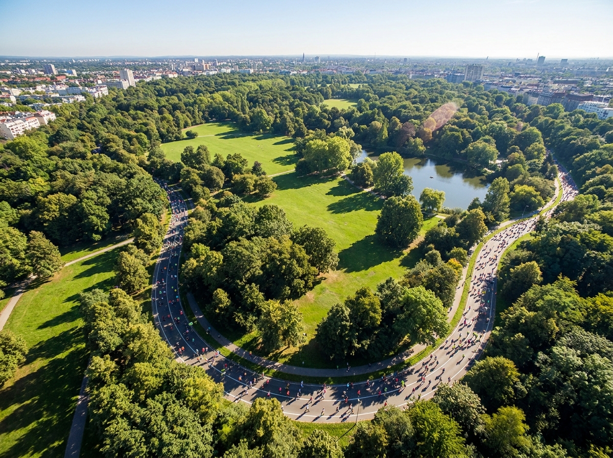 Aerial view of participants running in a 5k race through a park.