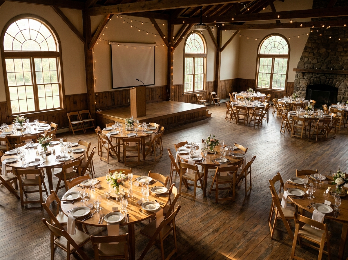 A community hall prepared for a fundraising raffle and dinner event.