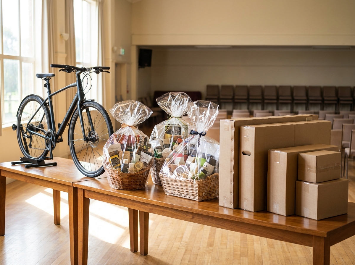 A display of high-value prizes available at a charity raffle event.