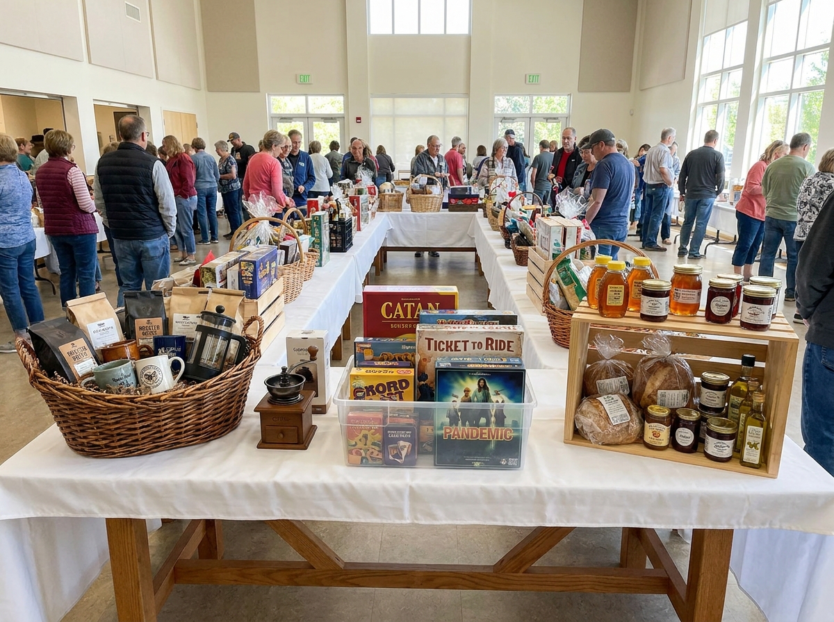 Themed prize baskets arranged on a table for a community raffle.