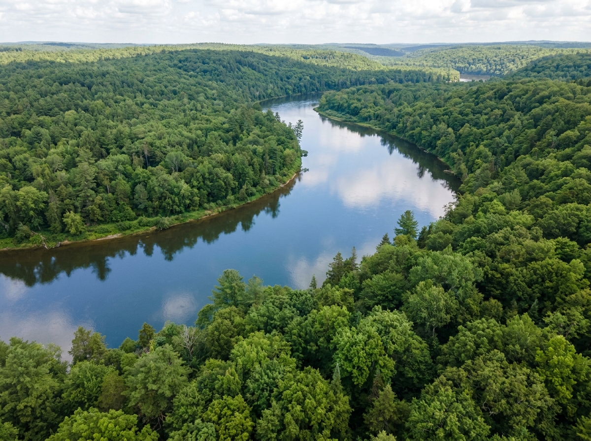 An aerial view of a calm river surrounded by forest, a perfect location for a rafting event.