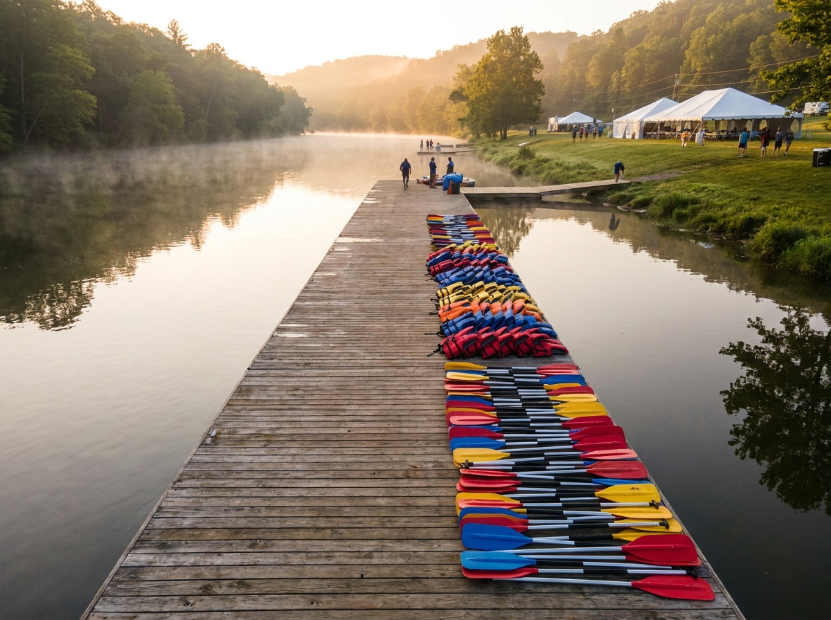 Rafting paddles and safety equipment ready for participants at a rafting registration point.