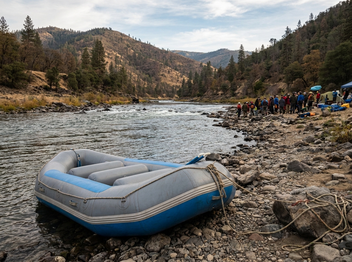 An empty raft on a riverbank, symbolizing the ticketing and registration for a rafting event.