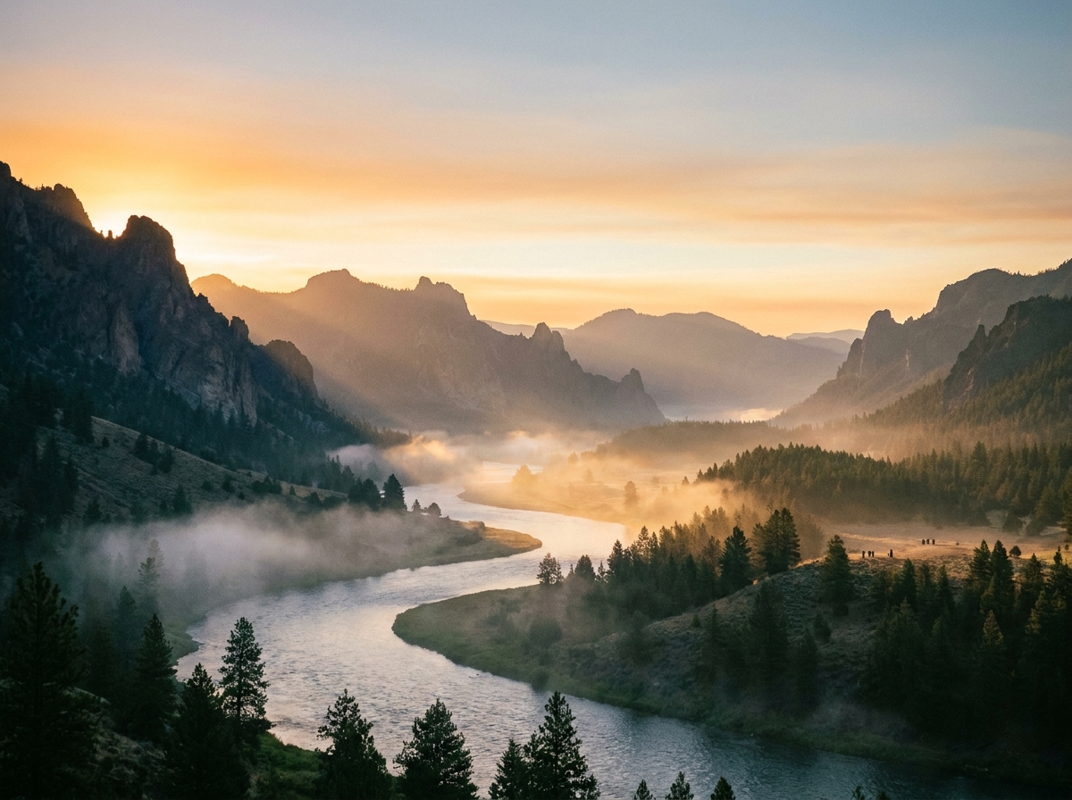 A beautiful river valley at sunrise, an ideal setting for a whitewater rafting event.