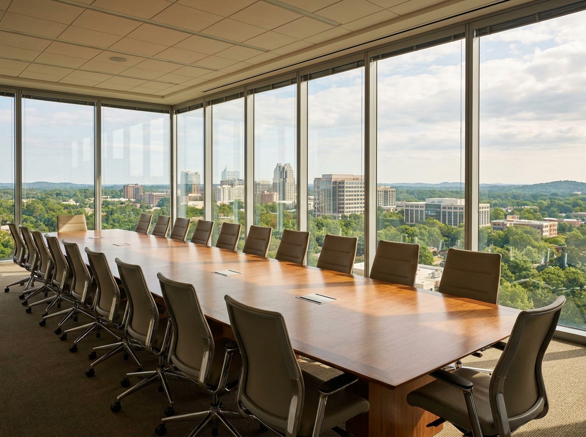 A modern meeting room set for a corporate event in Raleigh.