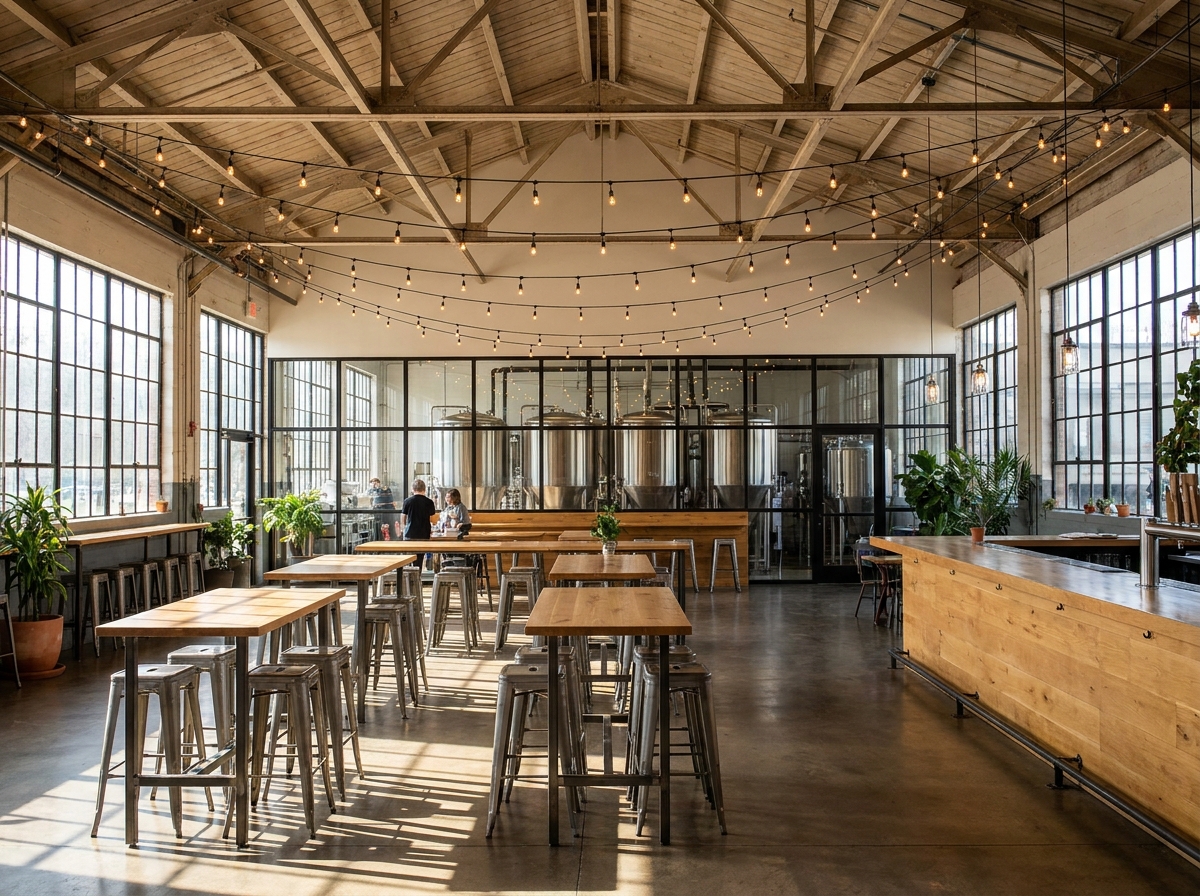 The interior of a modern craft brewery in Raleigh, a common venue for events.