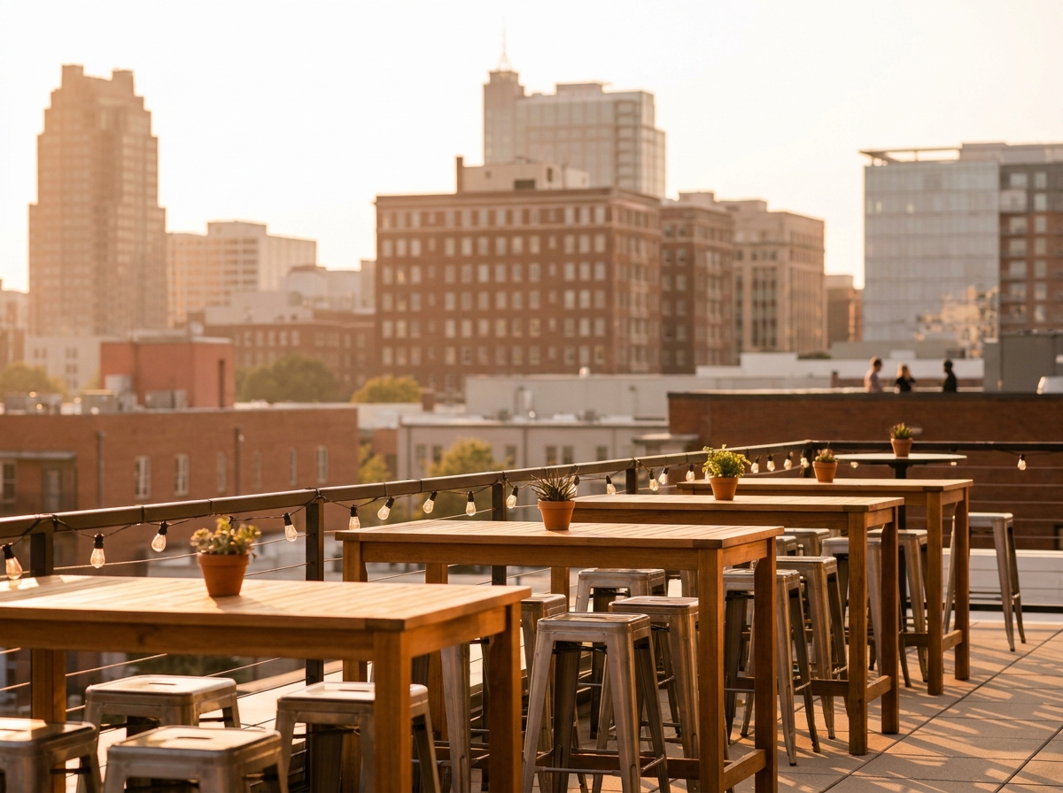 A rooftop venue in Raleigh prepared for an evening business networking event.