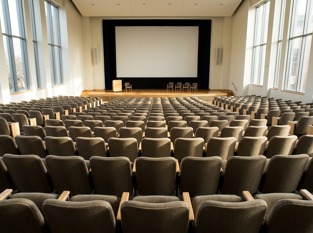 An empty auditorium stage ready for a professional panel discussion in Raleigh.