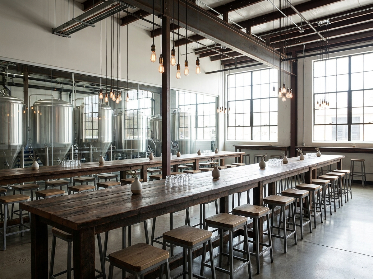 A modern brewery taproom in Raleigh set for a casual business mixer.