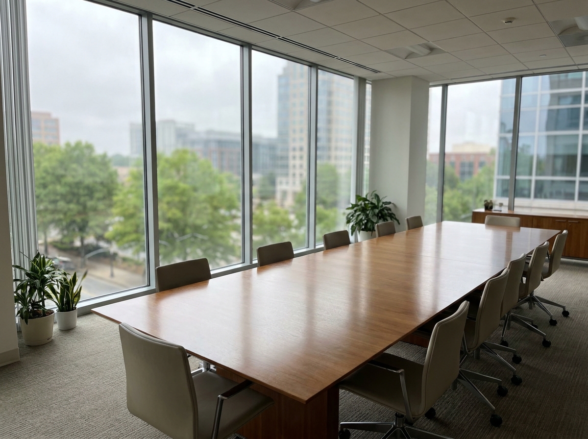 An empty, professional conference room ready for a business event in Raleigh.